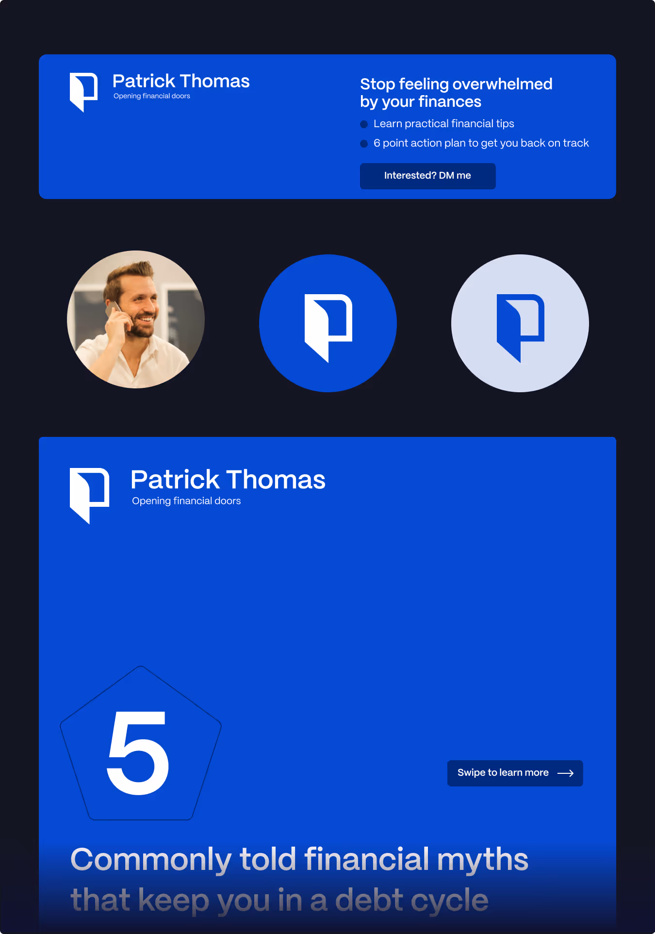 Financial advisor Patrick Thomas branding with logo, smiling man on phone, and text about financial tips and myths with call-to-action buttons.