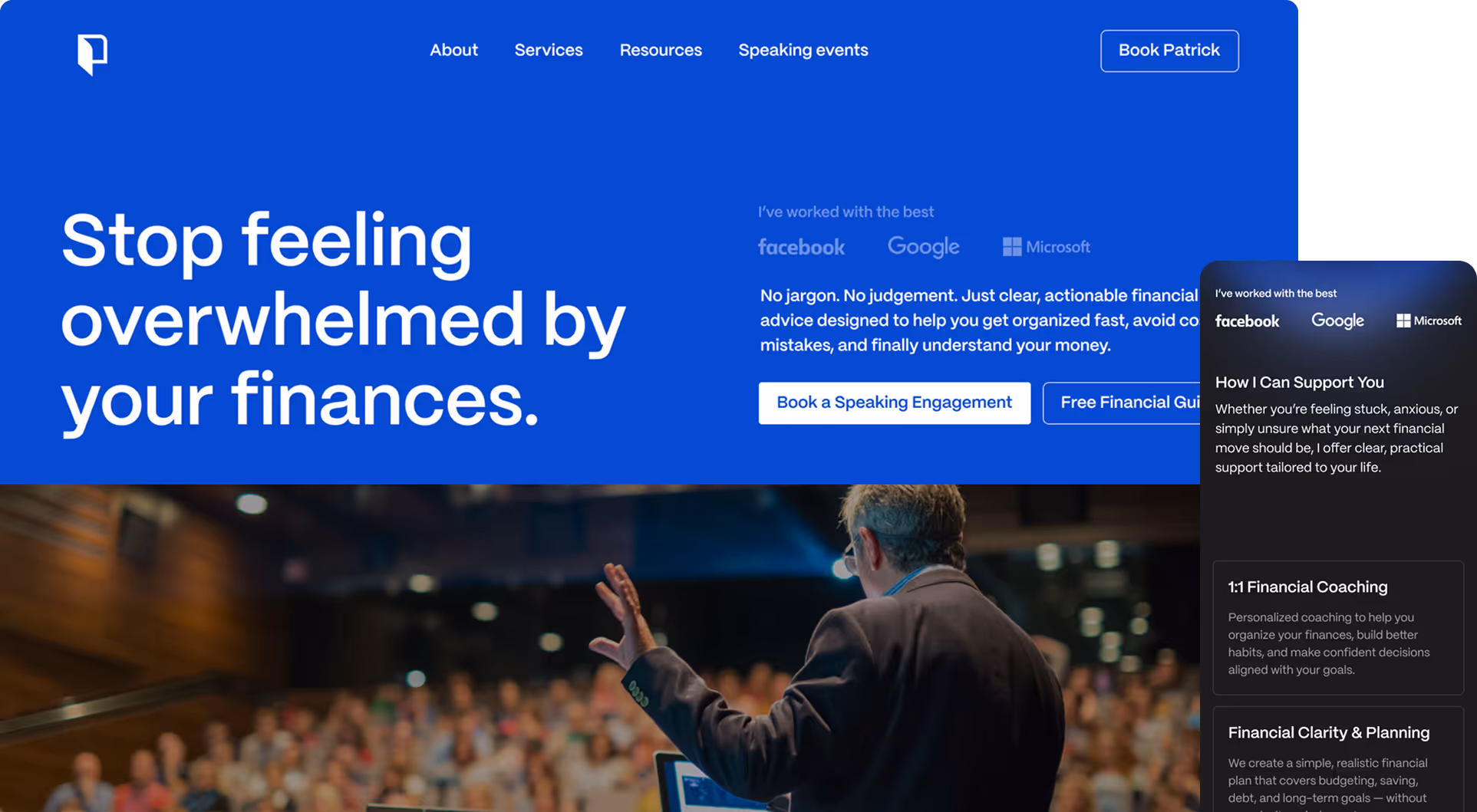 Website header with navigation menu and call-to-action buttons against blue background alongside a speaker addressing an audience.
