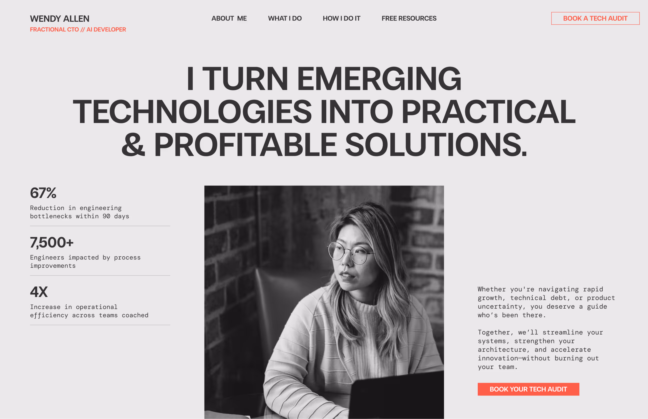 Black and white portrait of a woman with glasses sitting at a table with a laptop, looking to the side, with text about turning emerging technologies into practical solutions and key metrics.