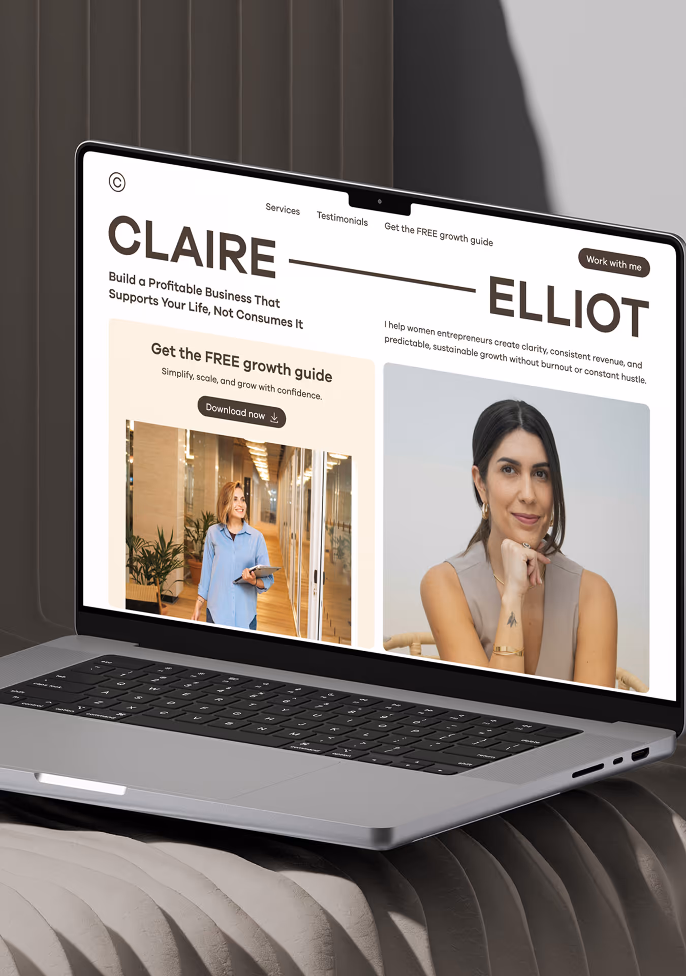 Laptop displaying a professional website with a photo of a woman and text about turning emerging technologies into practical, profitable solutions.