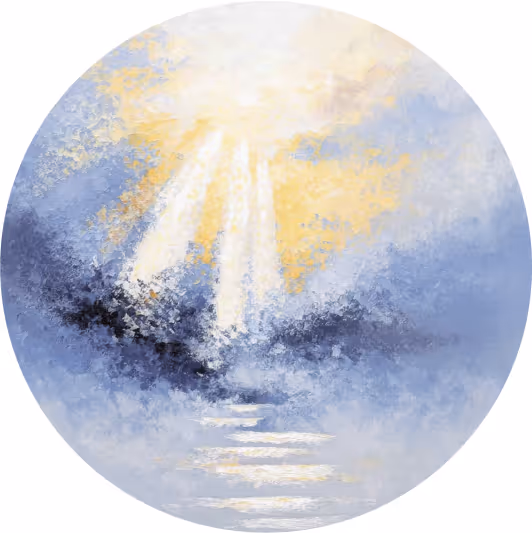 Abstract circular painting of sunlight streaming through clouds over water reflecting yellow and blue tones.