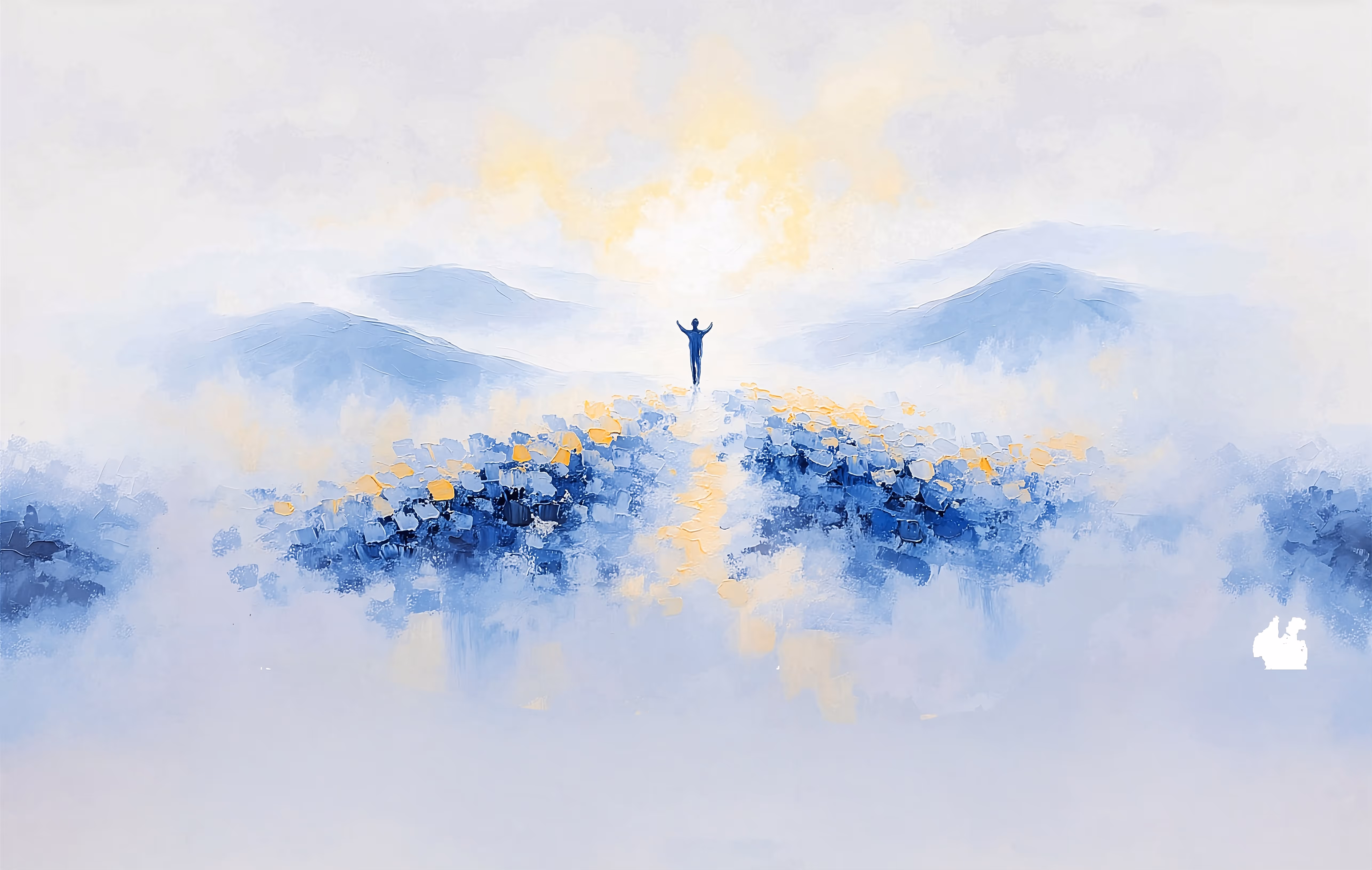 Abstract painting of a person standing with arms raised on a path surrounded by blue and yellow textured hills under a bright sky.
