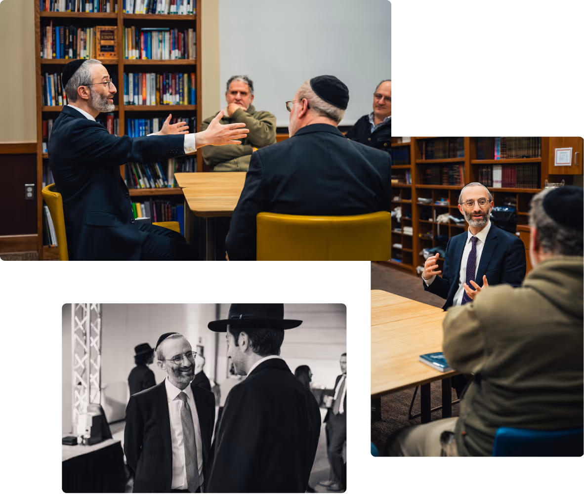 Collage of three images showing a man in a suit and kippah speaking to others in a library and at an event, including a black-and-white photo of a conversation with a man in a hat.