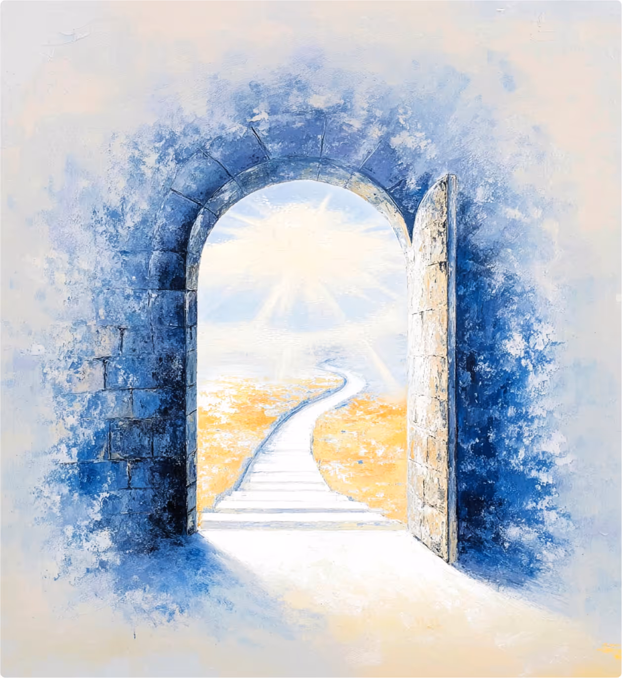 Open stone arched doorway with a sunlit path leading through a bright, yellow field under a blue sky.