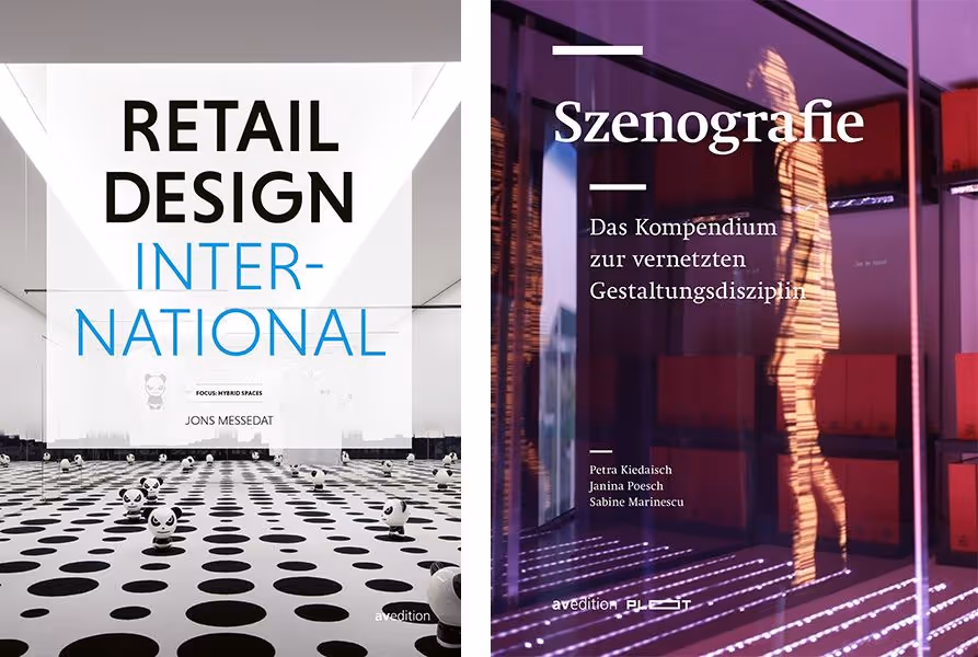 Two book covers displayed side by side: "Retail Design International" and "Szenografie" with German subtitle text.