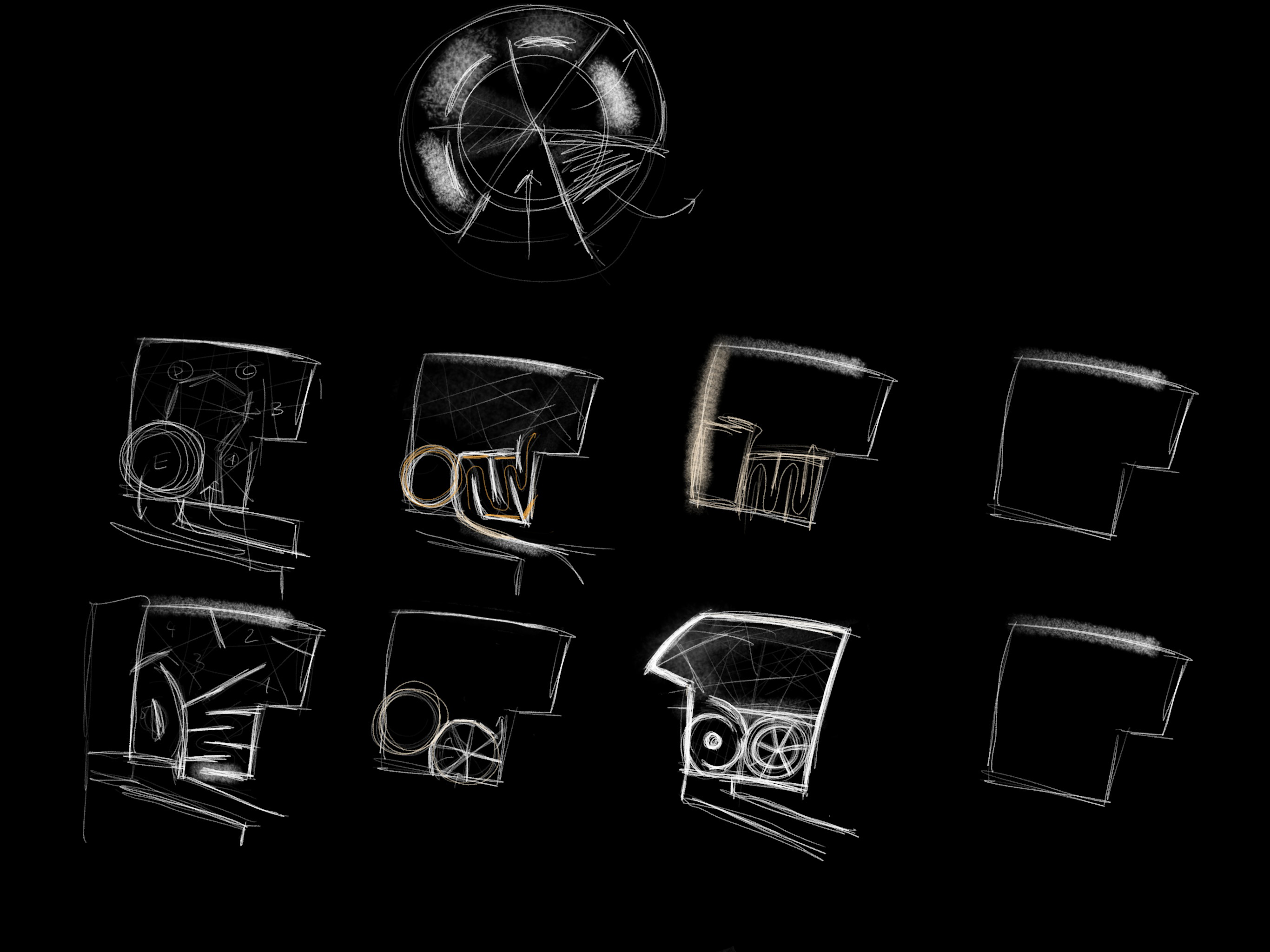 Sketches and technical drawings of mobile food cart designs on black background