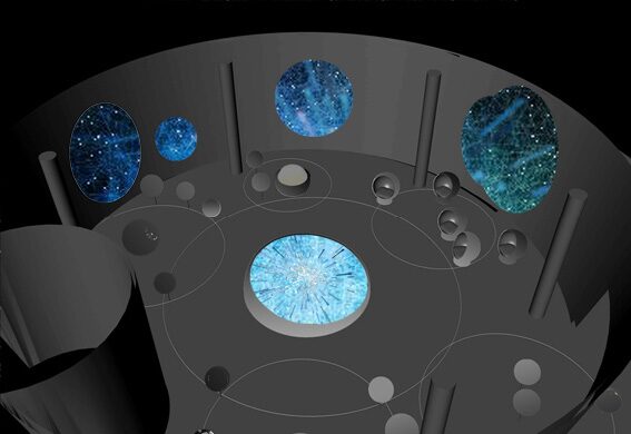 Futuristic spaceship control panel with glowing blue cosmic displays and digital screens