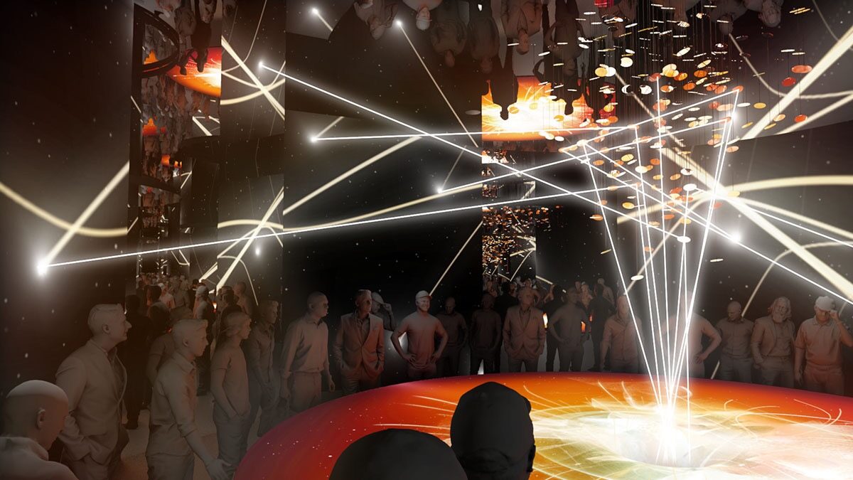 Futuristic installation with spectators surrounded by bright white laser light beams and glowing orange platforms.