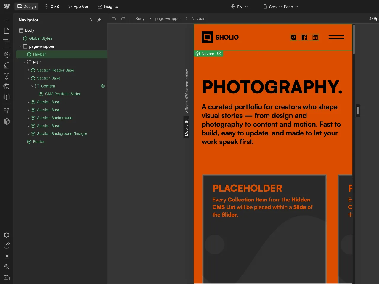 Website design interface showing a business support page with a headline, bullet points, call-to-action buttons, and images of people working on laptops and whiteboards.