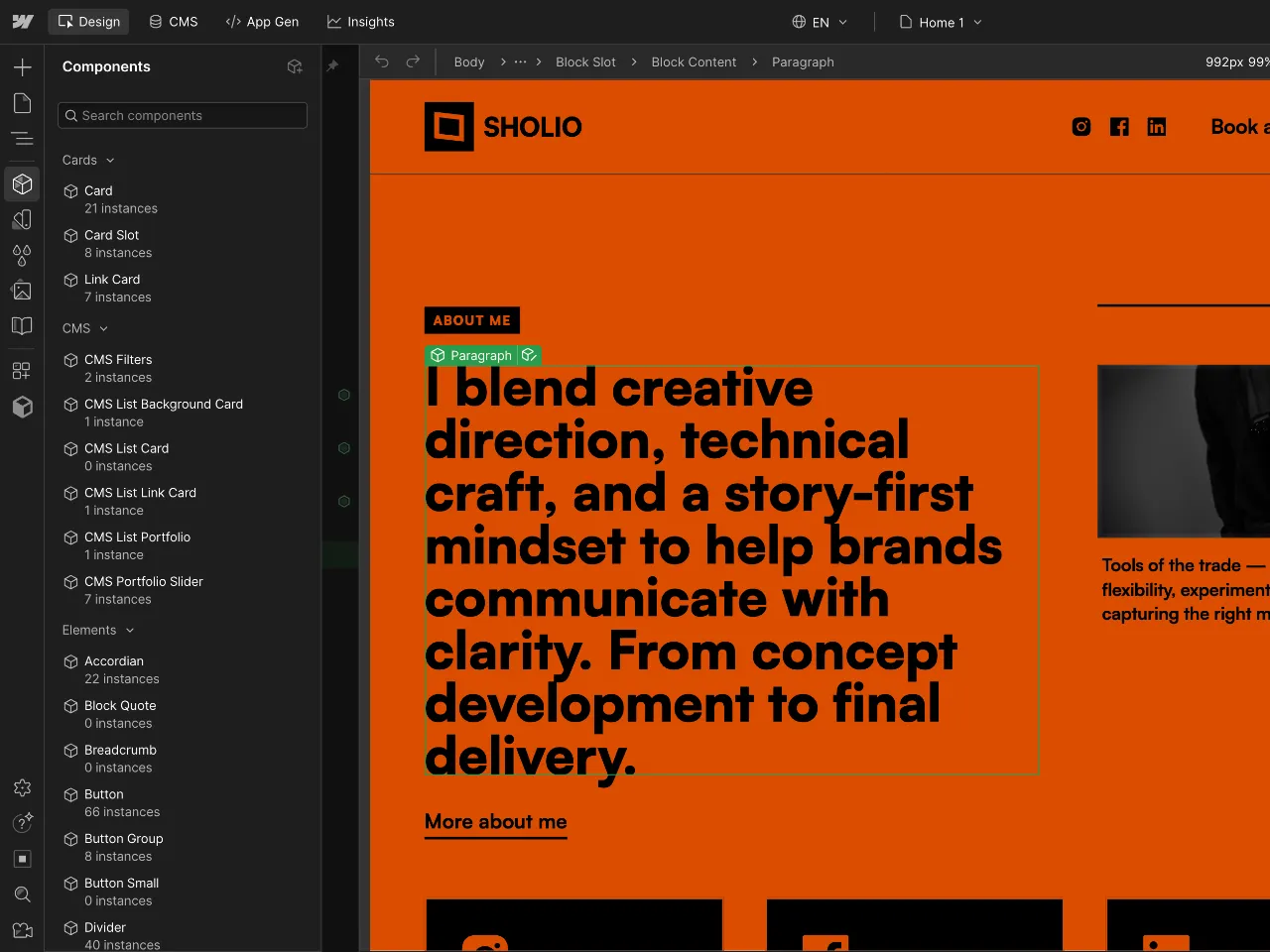 Screenshot of a strategy consulting website section featuring a heading 'A Strategy Built for Real Progress,' descriptive text, bullet points on strategic roadmaps and workshops, contact info for Olivia Hart, Senior Strategy Consultant, and navigation buttons.