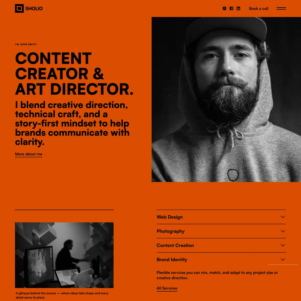 Website homepage with Bizzee logo, navigation menu, business headline, images of modern office and team meeting, and trusted partner logos.