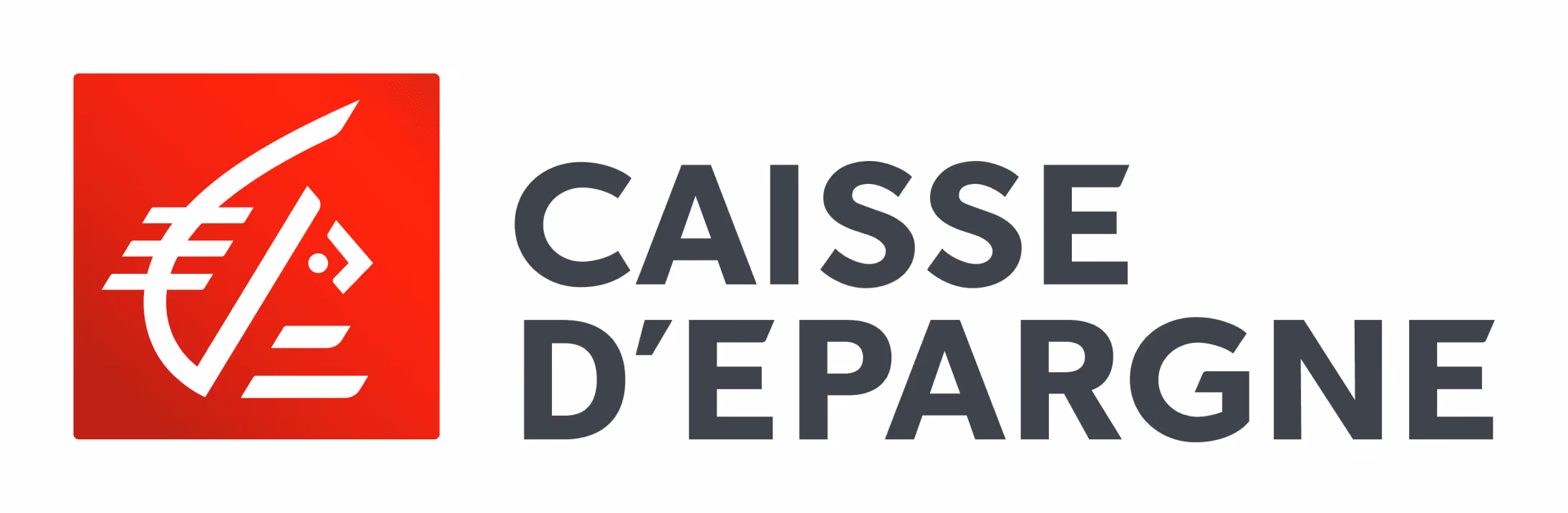 Logo de la Caisse d'Épargne avec un symbole stylisé blanc sur fond rouge à gauche et le texte Caisse d'Épargne en lettres majuscules grises à droite.
