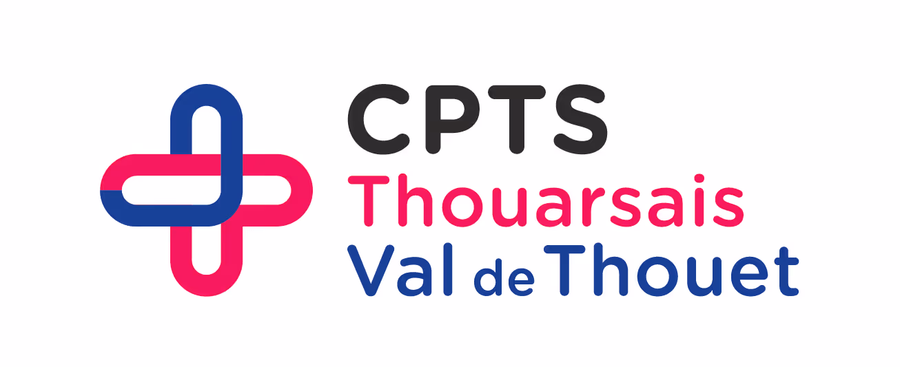 Logo avec un symbole en croix entrelacée bleu et rose, à côté du texte « CPTS Thouarsais Val de Thouet » en noir, rose et bleu.