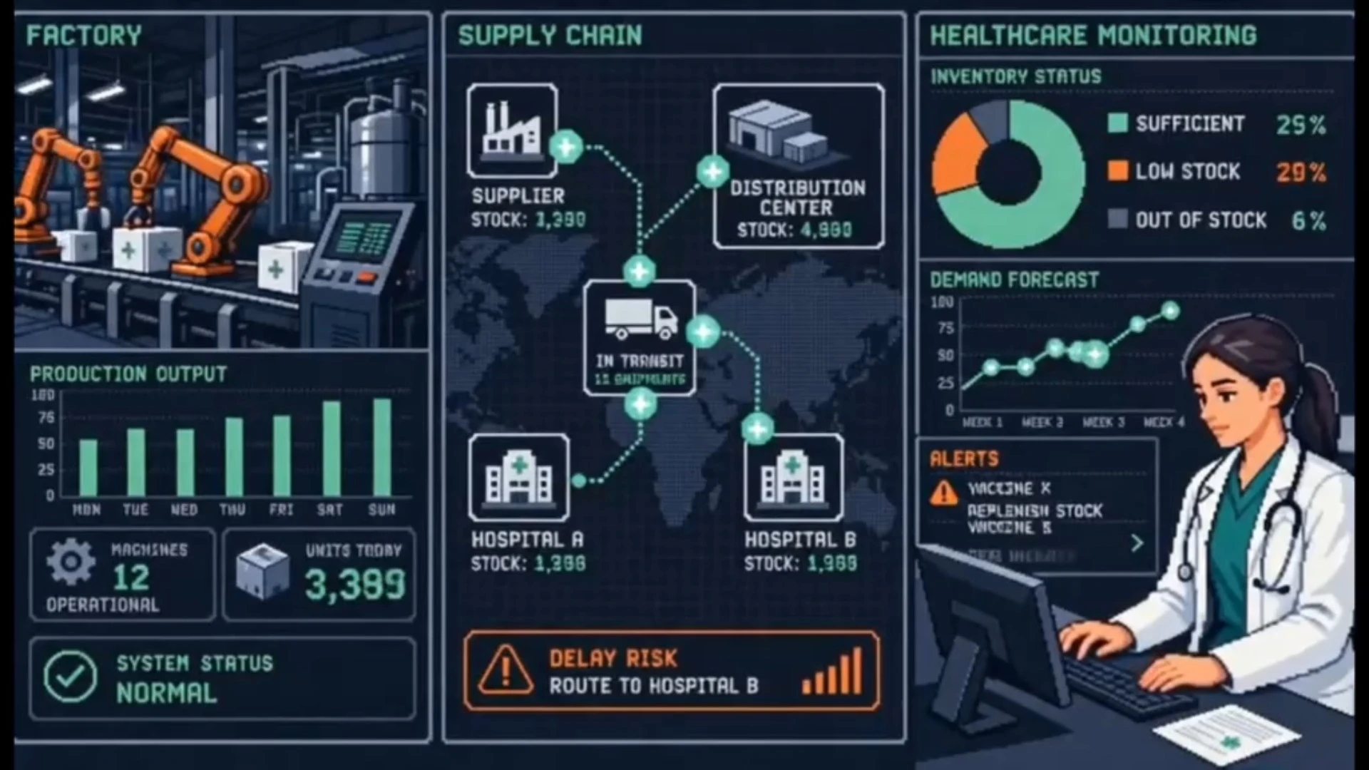 Enterprise AI dashboard visualizing pattern recognition across manufacturing, supply chain, and healthcare systems