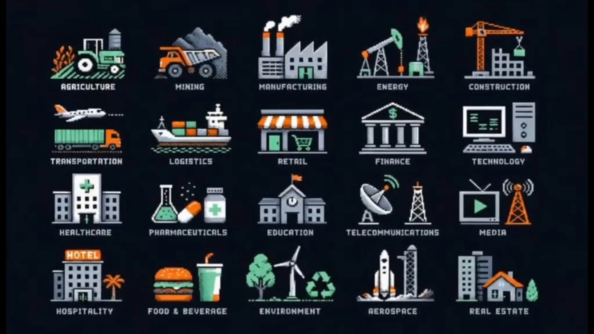 Illustration showing AI pattern recognition across industries including finance, healthcare, manufacturing, logistics, energy, telecommunications, and government