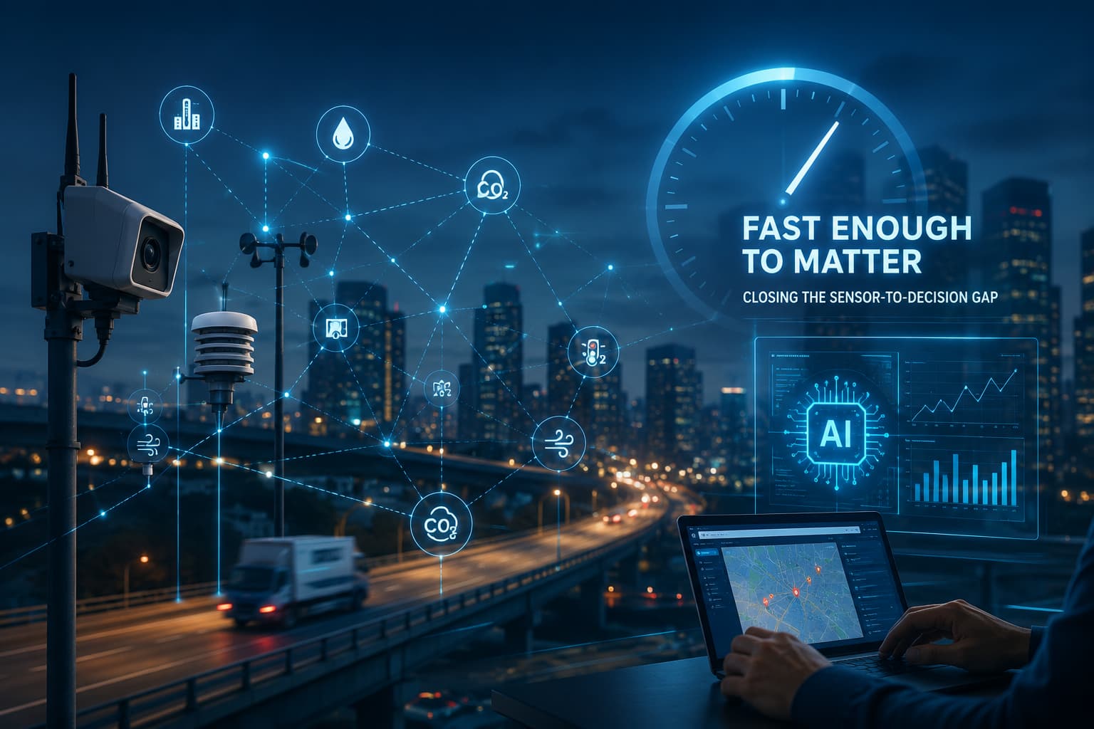 Smart city IoT sensor network with AI analytics dashboard and the tagline "Fast Enough to Matter"
