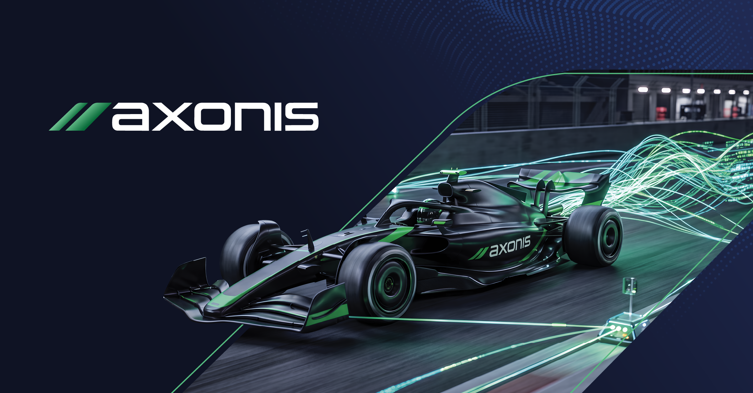 Axonis logo above a black and green Formula 1 car speeding on a track, with green data streams flowing from the car into a sensor, on a dark blue background