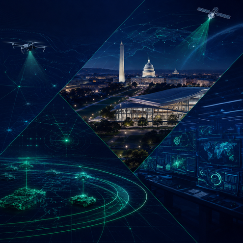 Washington D.C. skyline at night surrounded by digital defense technology including drones, satellites, and tactical command screens