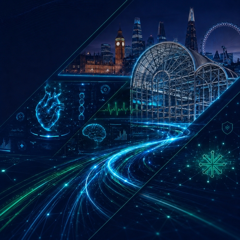 Digital health and technology concept with glowing medical icons, London skyline, and flowing data streams