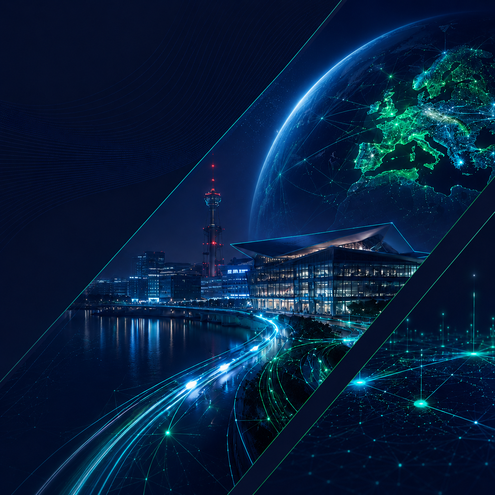 Nighttime cityscape with a glowing digital globe highlighting Europe's connectivity network