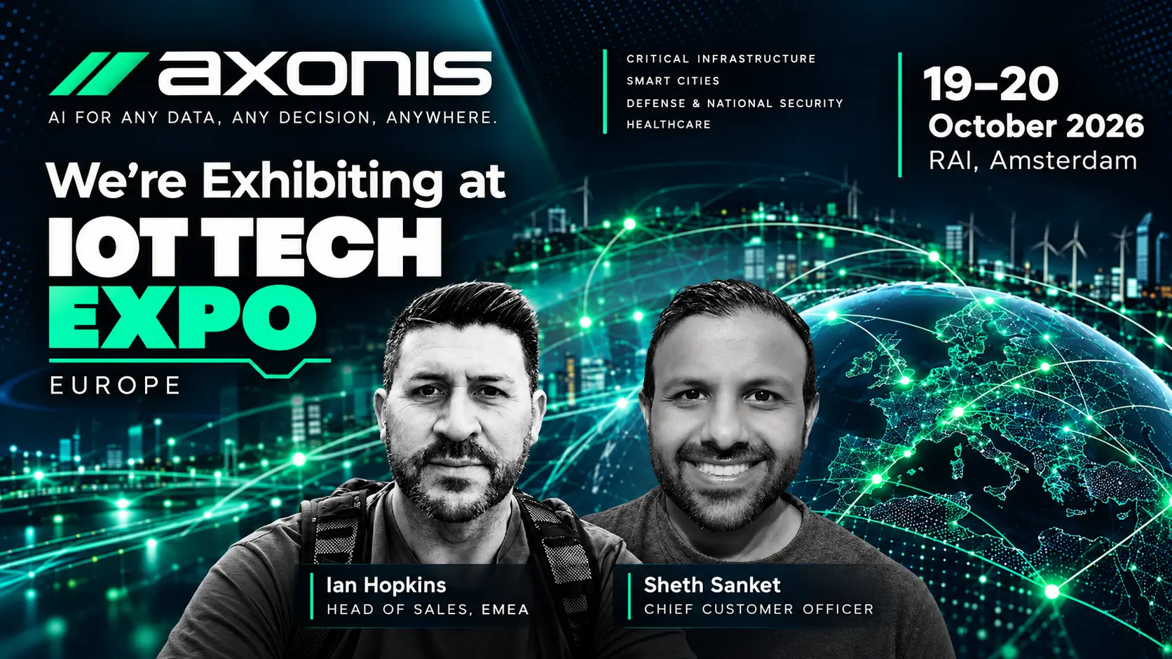 Axonis promo for IoT Tech Expo Europe, 19–20 October 2026 at RAI Amsterdam, featuring Ian Hopkins and Sheth Sanket.