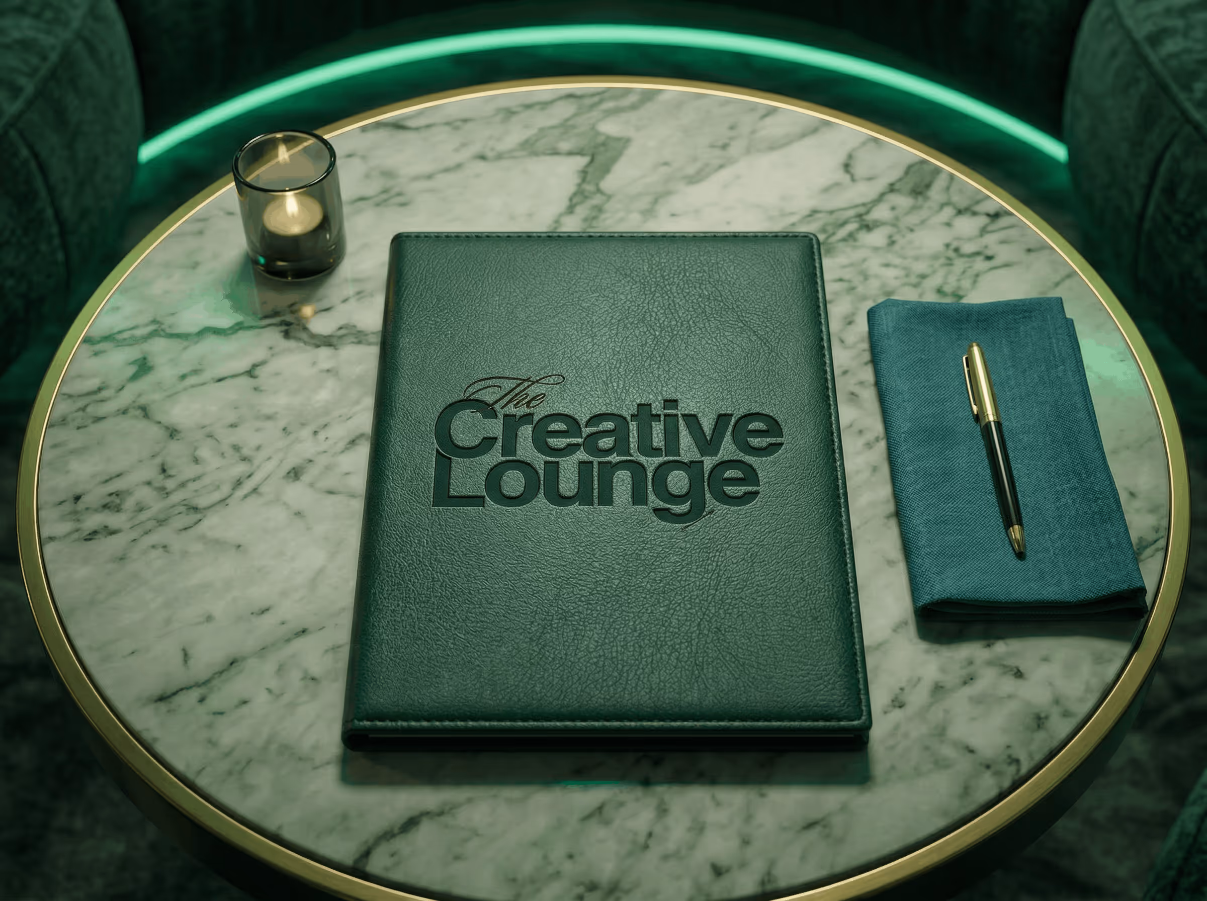 Une table ronde en marbre avec un menu en cuir vert portant l'inscription The Creative Lounge, une bougie dans un verre fumé et une serviette bleue avec un stylo doré posé dessus.
