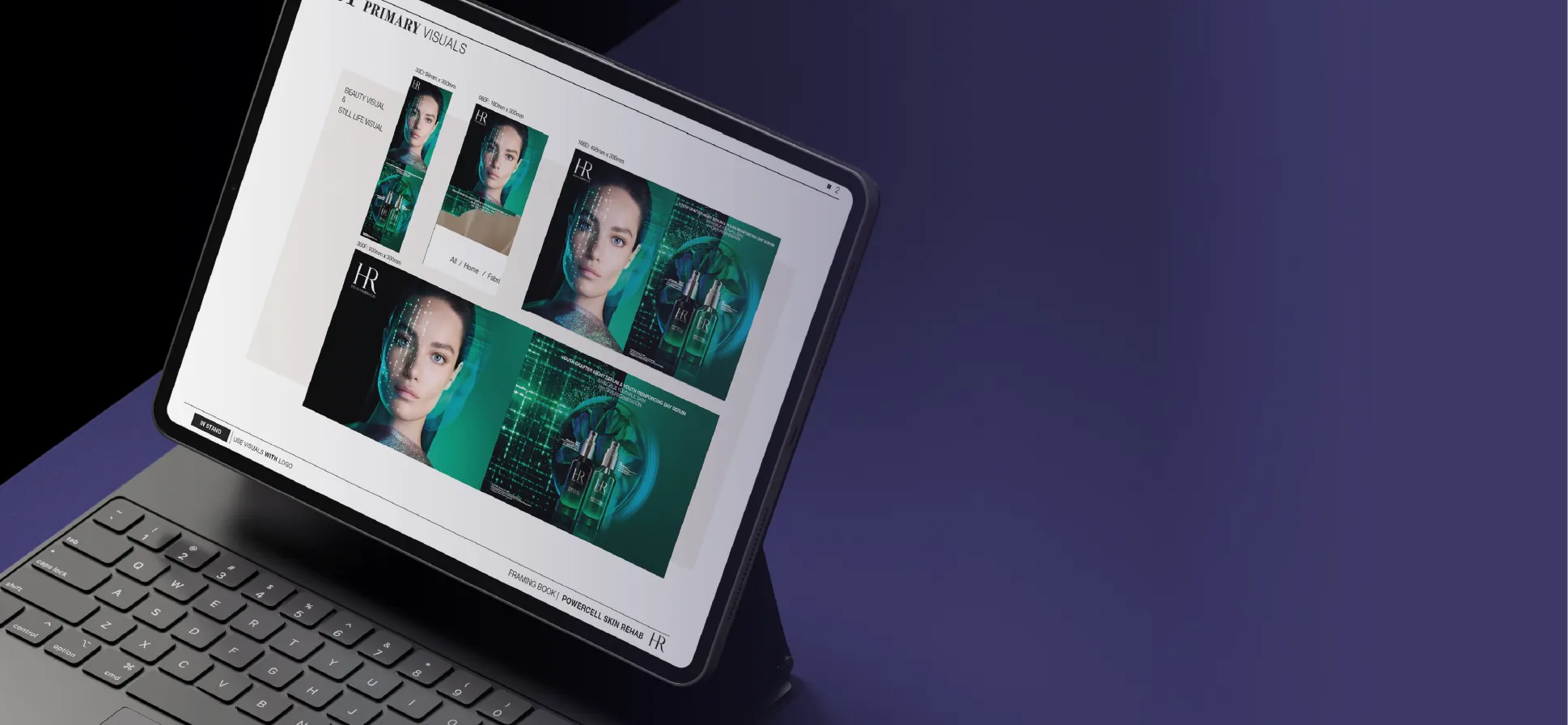 Tablette avec clavier affichant des visuels promotionnels pour des produits de soin de la peau Powercell Skin Rehab de Helena Rubinstein, incluant le visage d'une femme et des bouteilles de sérum vert.