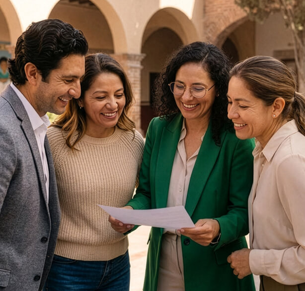 Group of four diverse adults smiling and looking at a document together outdoors near arched architecture.