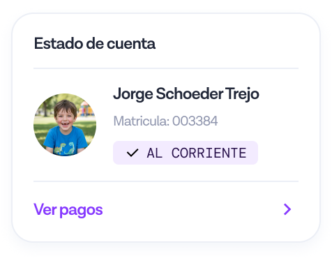 Account status card showing a smiling child in a blue shirt, account holder name Jorge Schoeder Trejo, registration number 003384, account status as current, and link to view payments.