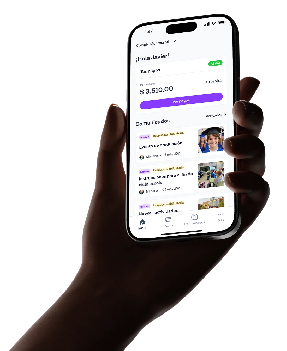 App Cometa Familias en un celular, mostrando pagos y comunicados del colegio