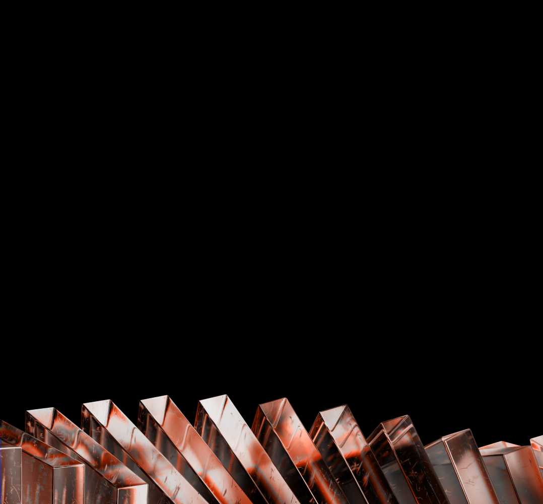 Abstract copper and black metallic geometric shapes arranged in a row against a black background.