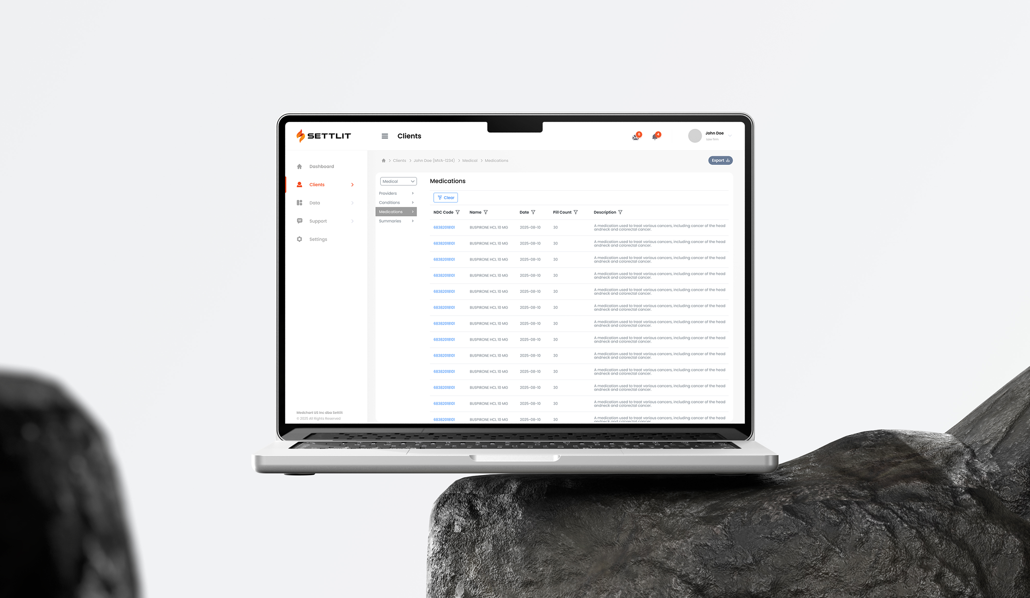 Open laptop displaying a medication management dashboard for a client, listing multiple entries of Buspirone HCL 10 MG with details like NDC code, date, pill count, and description.
