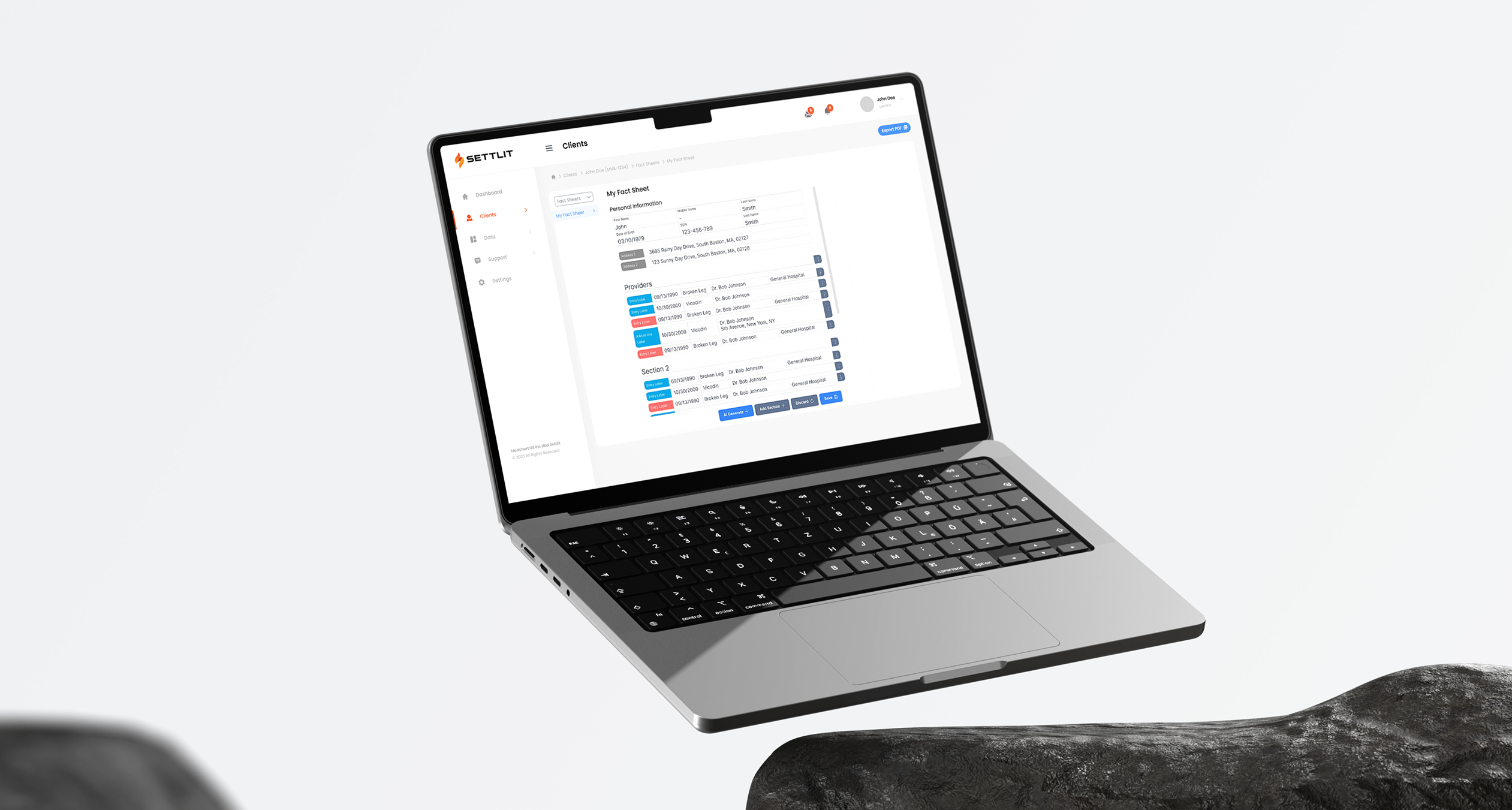 Open laptop displaying a client information dashboard with sections for personal information and providers.