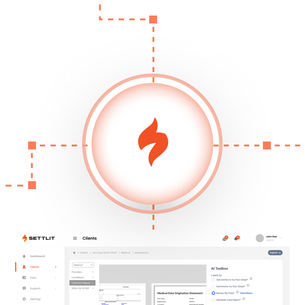 Settlit medical software dashboard interface showing client medical data and AI toolbox options for managing fact sheets, data review, and case reports.
