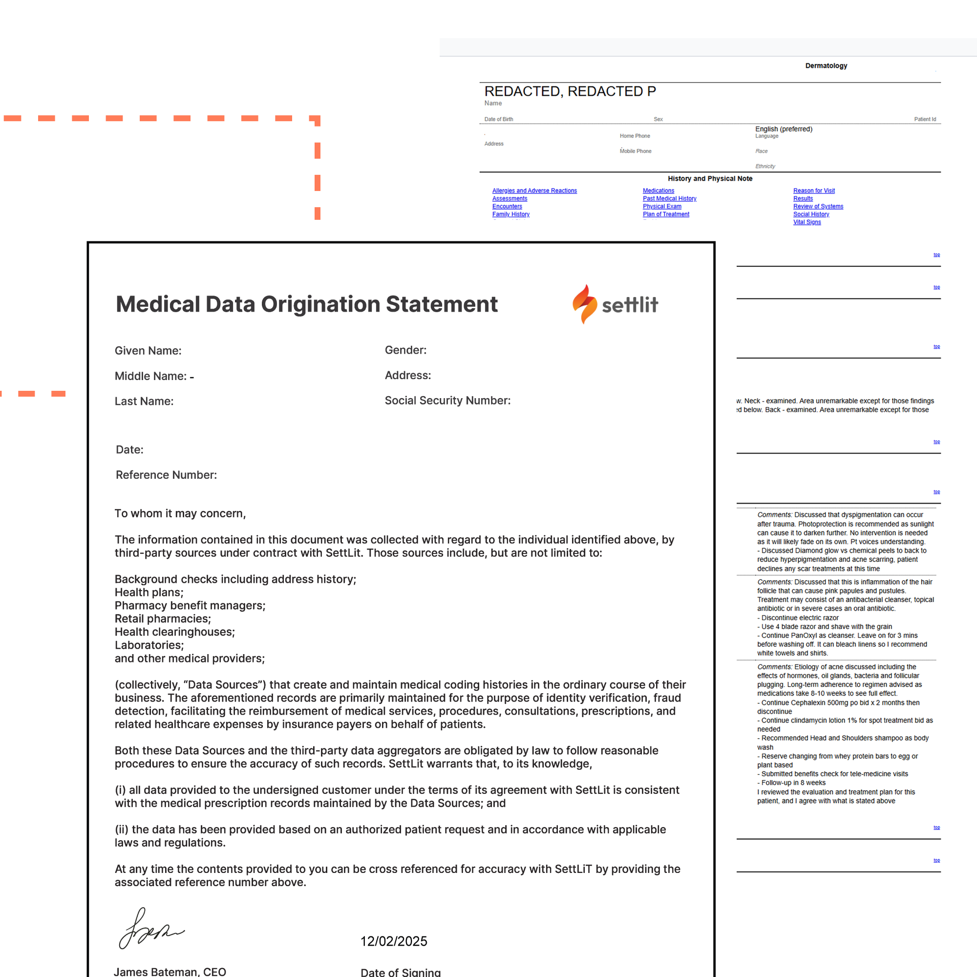 Medical Data Origination Statement from SettLit detailing patient data sources including background checks, health plans, and pharmacies with CEO signature dated 12/02/2025.