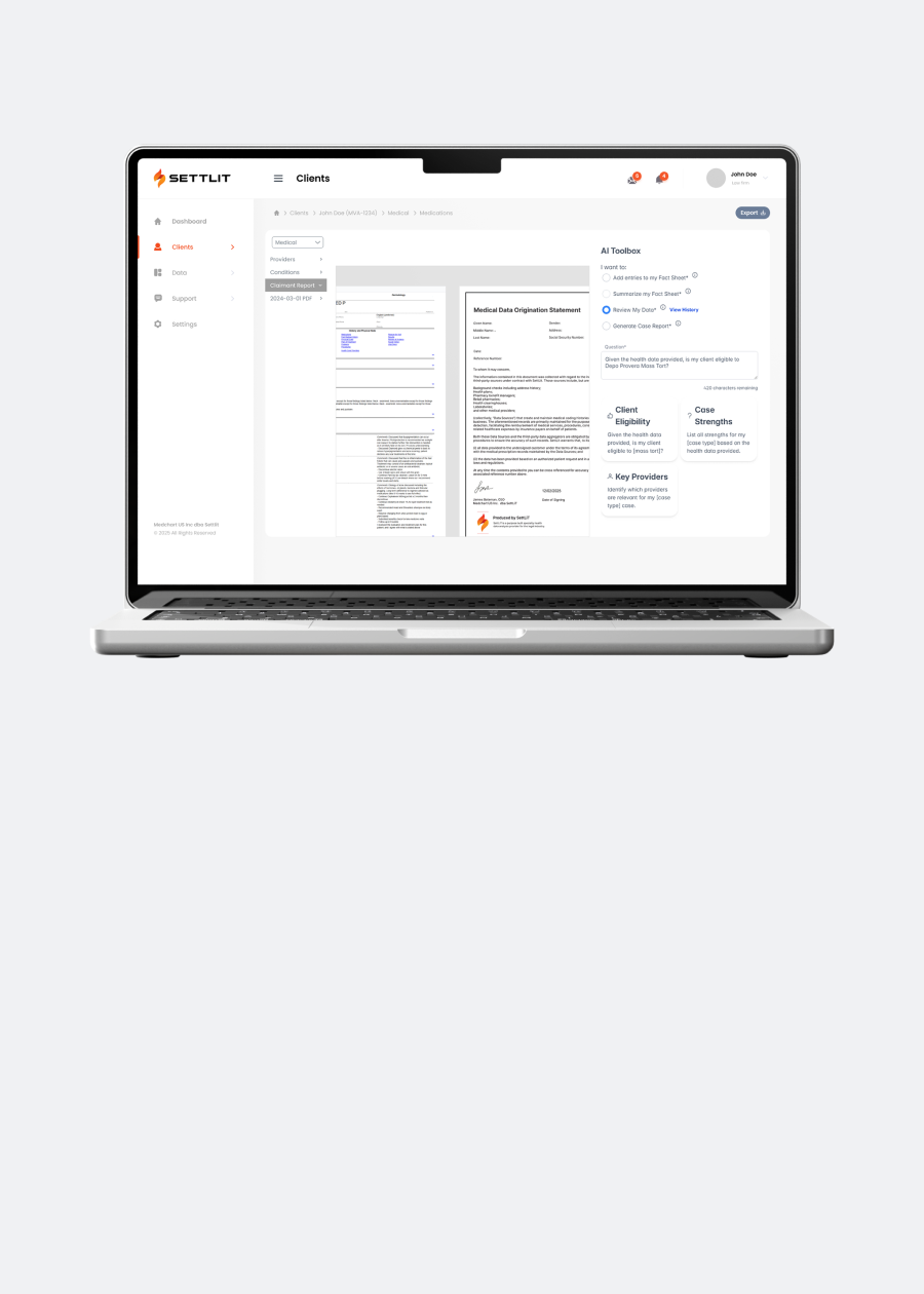 Laptop displaying Settlit client dashboard with medical data origination statement and AI toolbox for reviewing and summarizing health data.