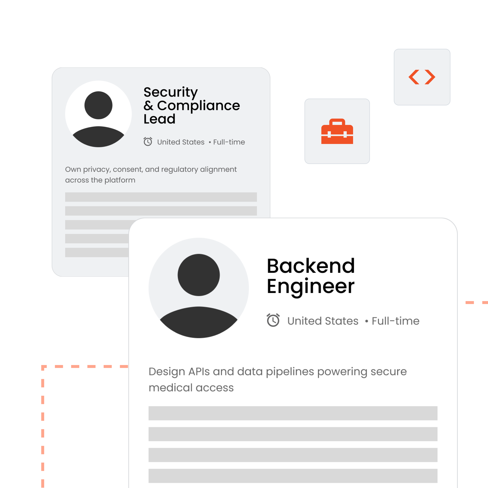 Two job cards showing roles of Security & Compliance Lead and Backend Engineer, both full-time in the United States, with brief job descriptions and generic profile icons.