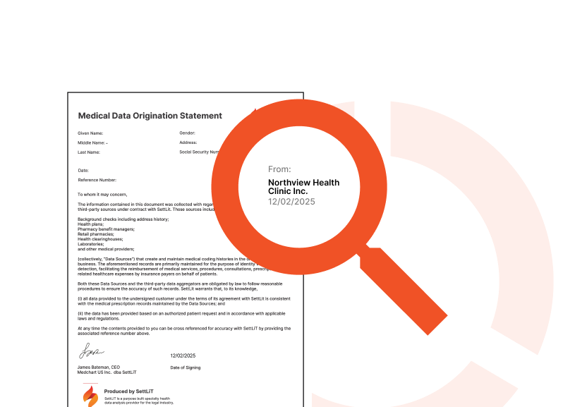 Medical Data Origination Statement document with a magnifying glass highlighting 'Northview Health Clinic Inc.' and the date 12/02/2025.
