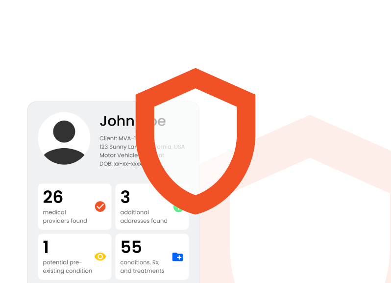 Digital medical profile overview showing patient info with counts of medical providers, additional addresses, pre-existing conditions, and treatments, partially covered by two orange shield icons.