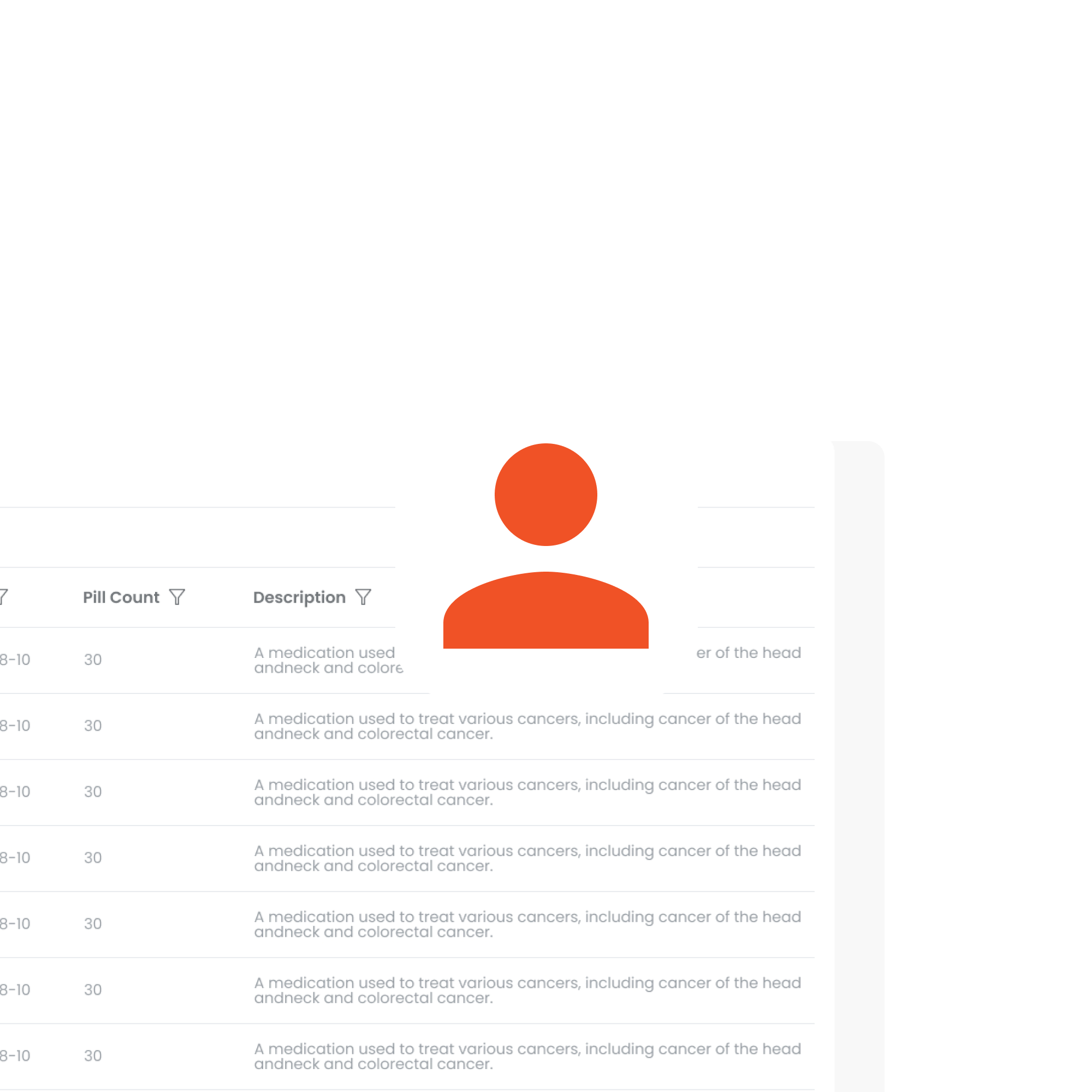Dashboard showing a list of medications with columns for Drug Name, Date, Pill Count, and Description detailing cancer treatments.