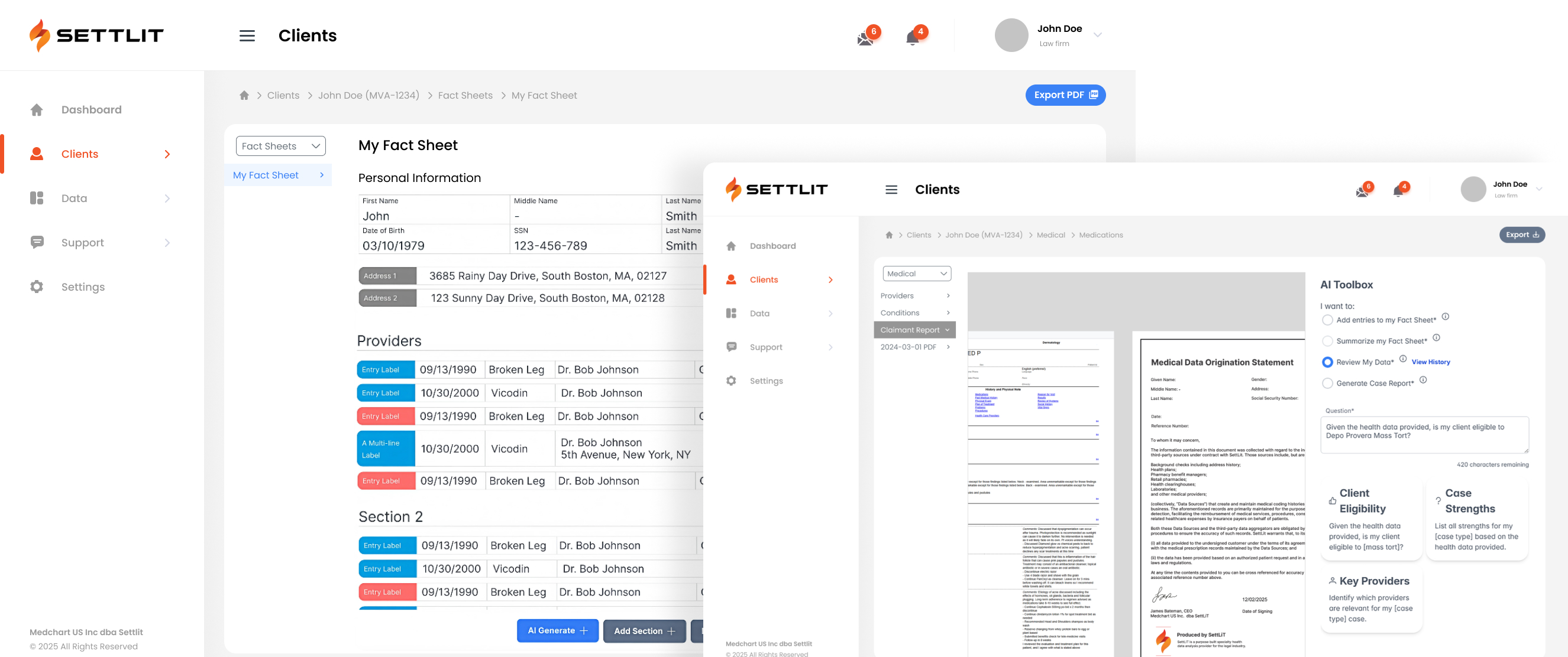 User interface of Settlit platform showing client fact sheet with personal information, provider details, and AI Toolbox options for medical data review.