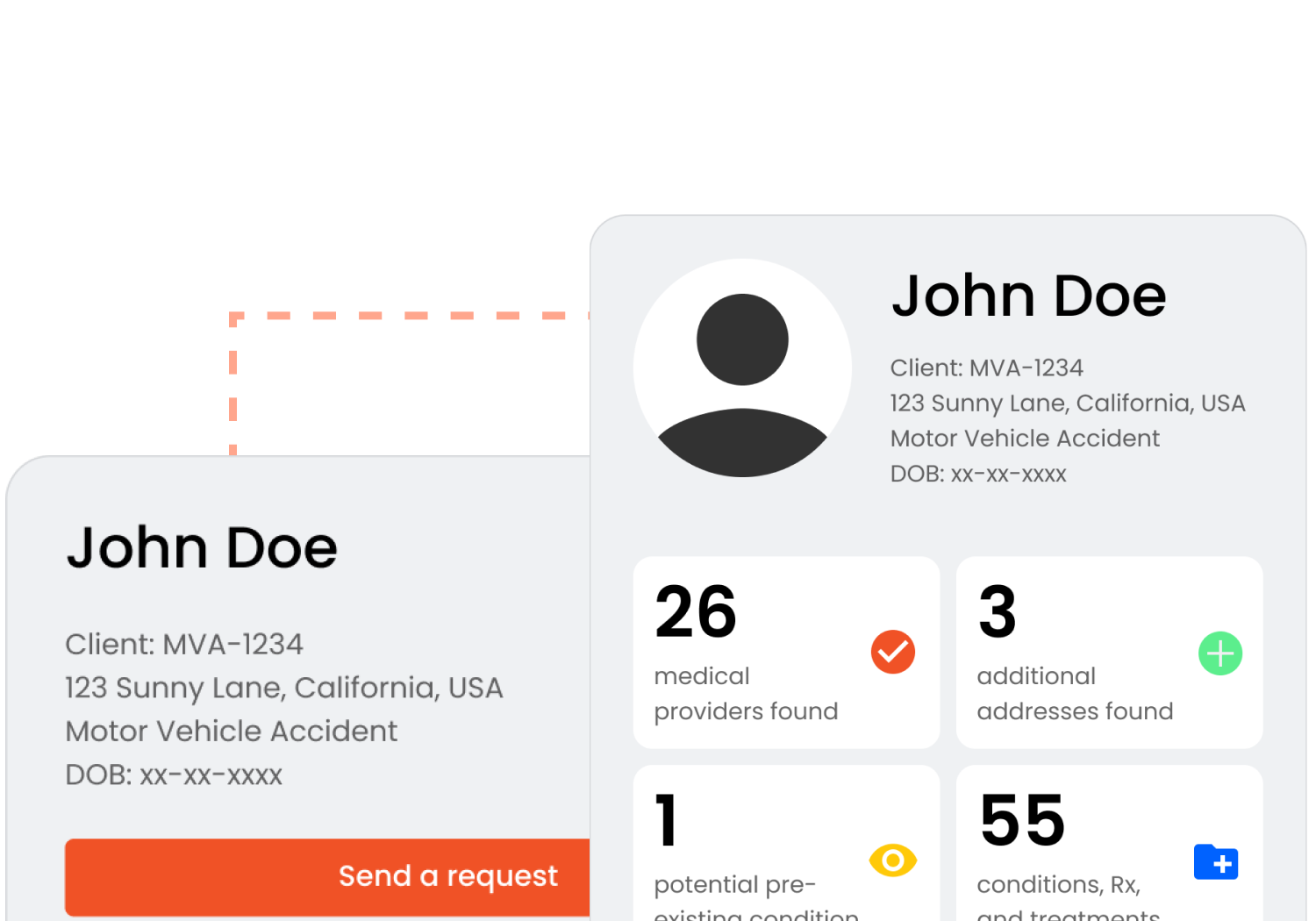 User interface showing John Doe's client information with medical data: 26 medical providers, 3 additional addresses, 1 potential pre-existing condition, and 55 conditions and treatments.