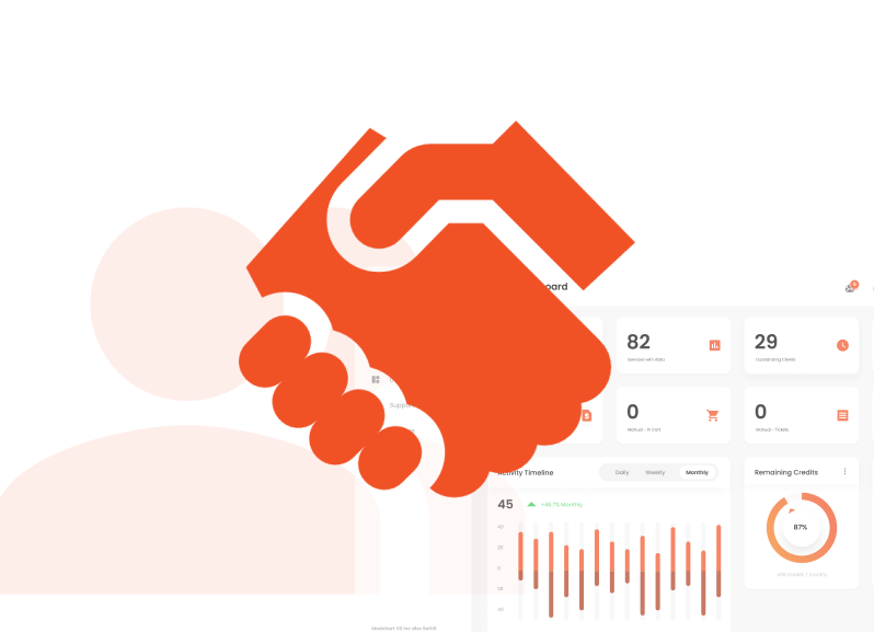 Orange icon of a person shaking hands over a financial dashboard showing service stats, outstanding clients, and activity timeline.