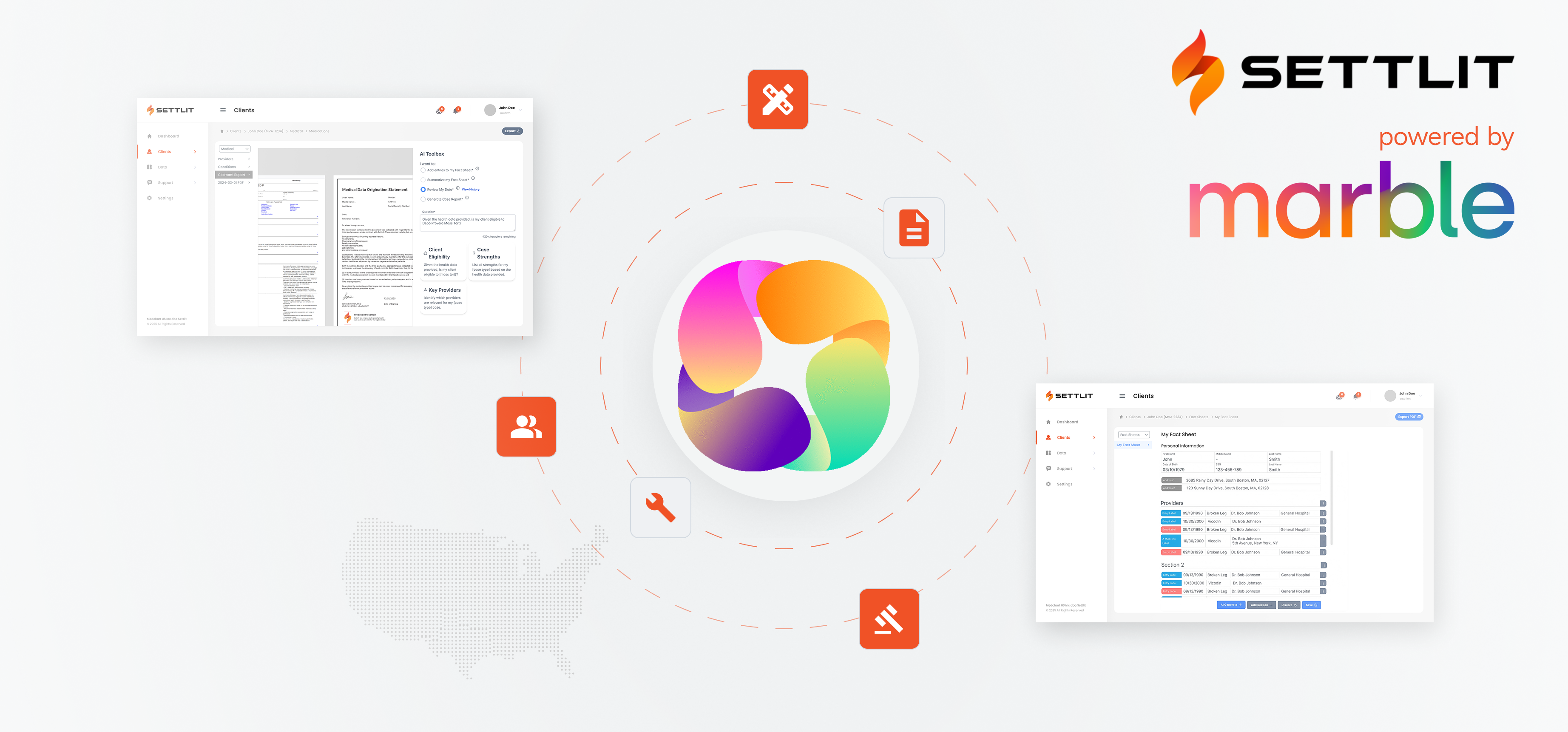 Settlit platform interface showcasing client document view and fact sheet with connected icons representing users, tools, documents, and legal functions around a central orange Settlit logo.