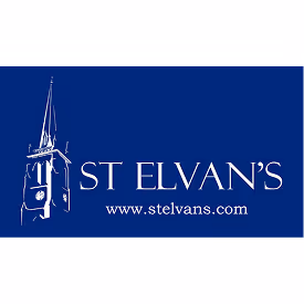 White outline of a church steeple with a clock and the text 'ST ELVAN'S www.stelvans.com' on a blue background.