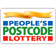 Logo for the People's Postcode Lottery featuring a gold ribbon above the blue, green, and red text.