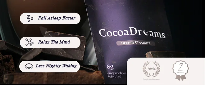 Chocolate drink named CocoaDreams with a glass of cocoa and brownie pieces on a reflective surface.