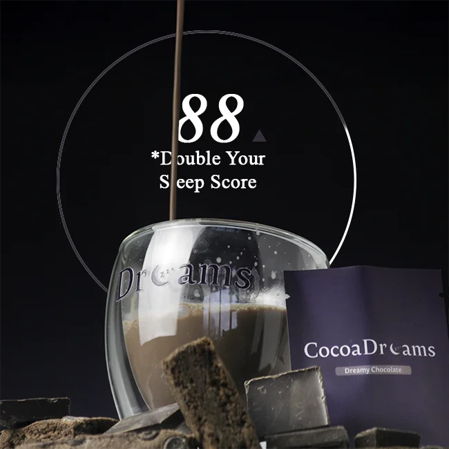 Glass cup filled with creamy chocolate drink labeled CocoaDreams beside its dark purple sachet packet.