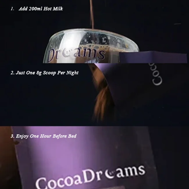 Cocoa powder being poured from a packet labeled 'CocoaDrams' into a double-walled glass cup with the word 'Dreams' printed on it.