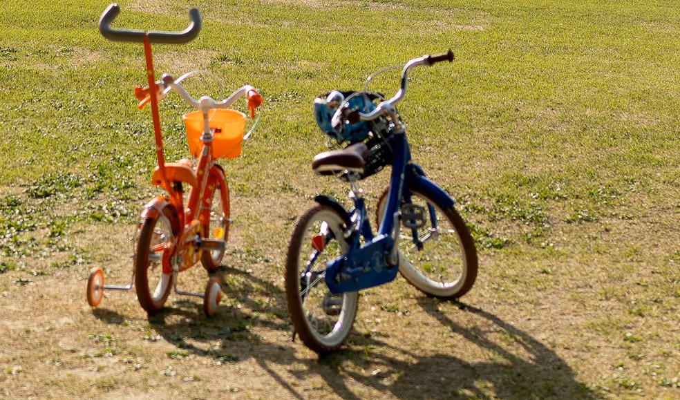 Two children's bicycles on grass, one small red with training wheels and a handlebar push bar, the other blue with a helmet on the seat.